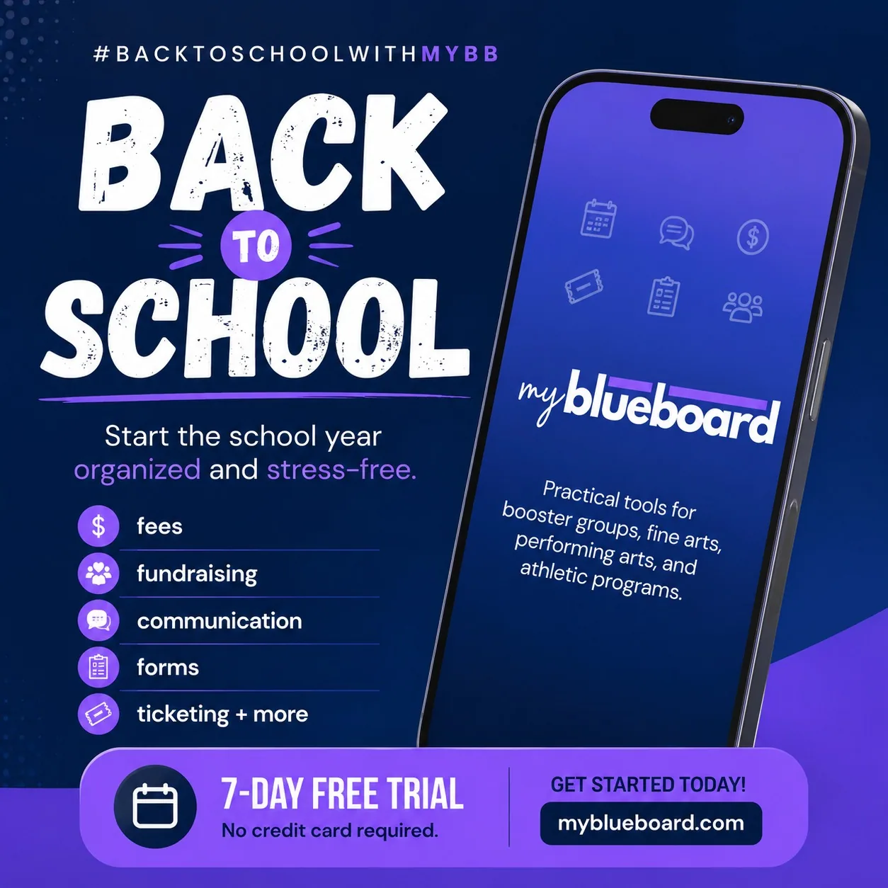 The countdown to a new school year is on!
The more you can set up now, the less you'll have to scramble later. Having your communication, forms, fee collection, and fundraising plans ready before the school year begins helps everyone start on the same page.
We're excited to help booster groups, music programs, theater organizations, and community groups have their best year yet.
If you're looking for an easier way to manage your program this year, start your free 7-day trial at myblueboard.com.
#backtoschoolwithmybb #myblueboard #schoolfundraising #bandboosters #choirboosters #theaterboosters #musiceducation #schoolprograms #boosterclubs