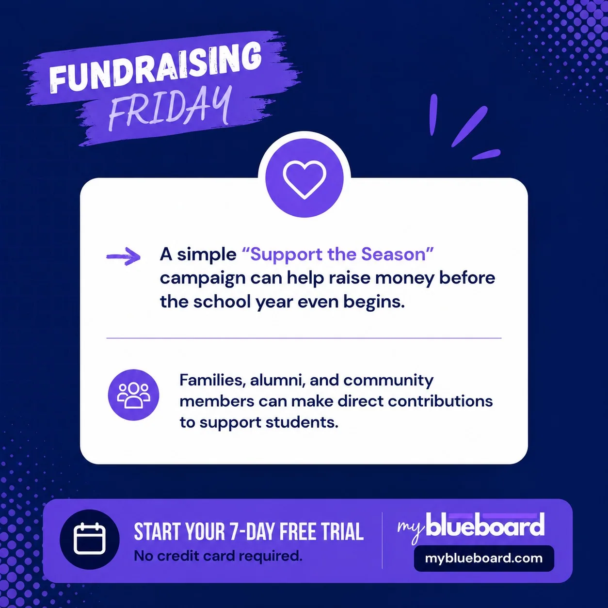 Not every fundraiser has to involve selling something.
A simple donation campaign can be one of the easiest ways to kick off the school year. Families, alumni, and community members are often happy to support your program when you make it easy for them.
Sometimes the simplest fundraiser is the most successful.
If you're looking for an easy way to launch a donation campaign, collect contributions online, and keep everything organized, start your free 7-day trial at myblueboard.com.
#backtoschoolwithmybb #fundraisingfriday #myblueboard #schoolfundraising #boosterclubs #bandboosters #choirboosters #theaterboosters #musiceducation #fundraisingideas